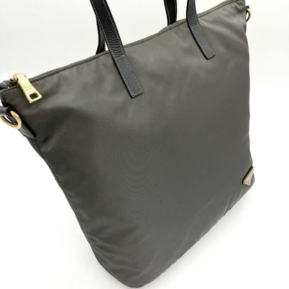 PRADA Hand Shoulder Bag Tote Purse 2way Logo Nylon Leather Gray Authentic