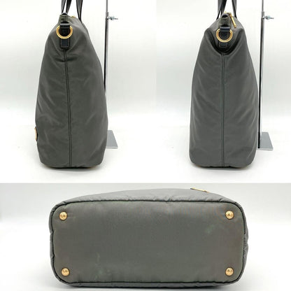PRADA Hand Shoulder Bag Tote Purse 2way Logo Nylon Leather Gray Authentic