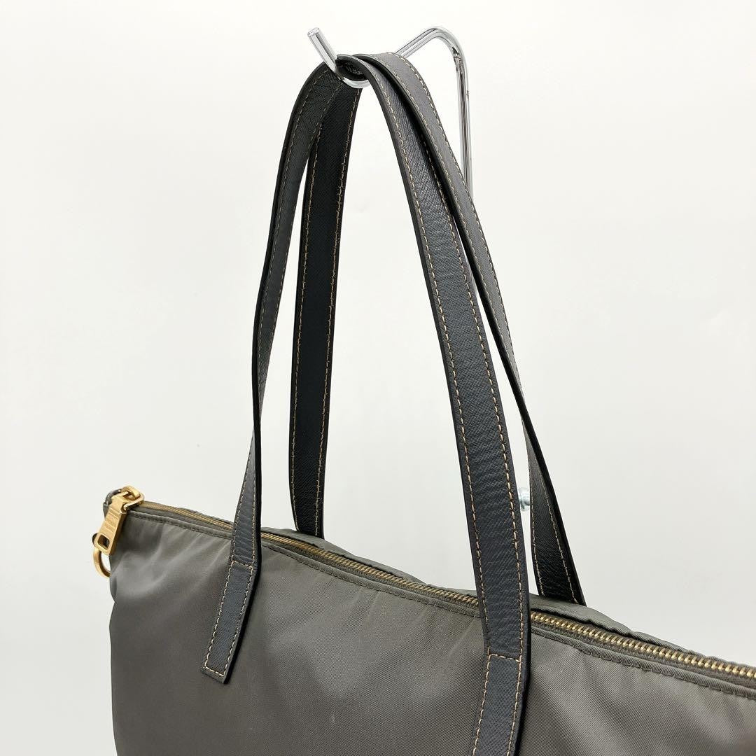 PRADA Hand Shoulder Bag Tote Purse 2way Logo Nylon Leather Gray Authentic