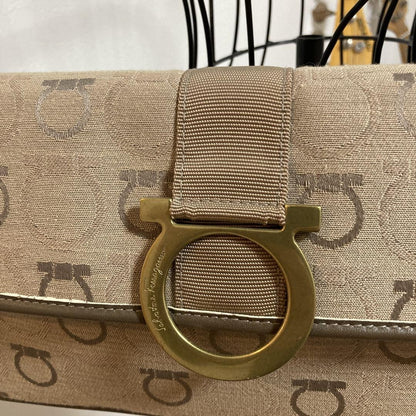 Salvatore Ferragamo shoulder bag Purse Gancini Beige Gold Canvas Authentic Used