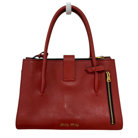 MIU MIU Hand Bag Tote Purse Logo Leather Red Authentic