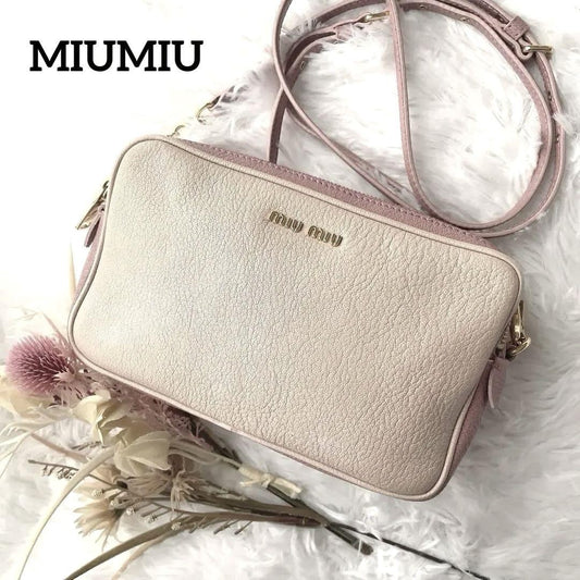 MIU MIU Shoulder Camera Bag Purse Logo Leather Pink Authentic