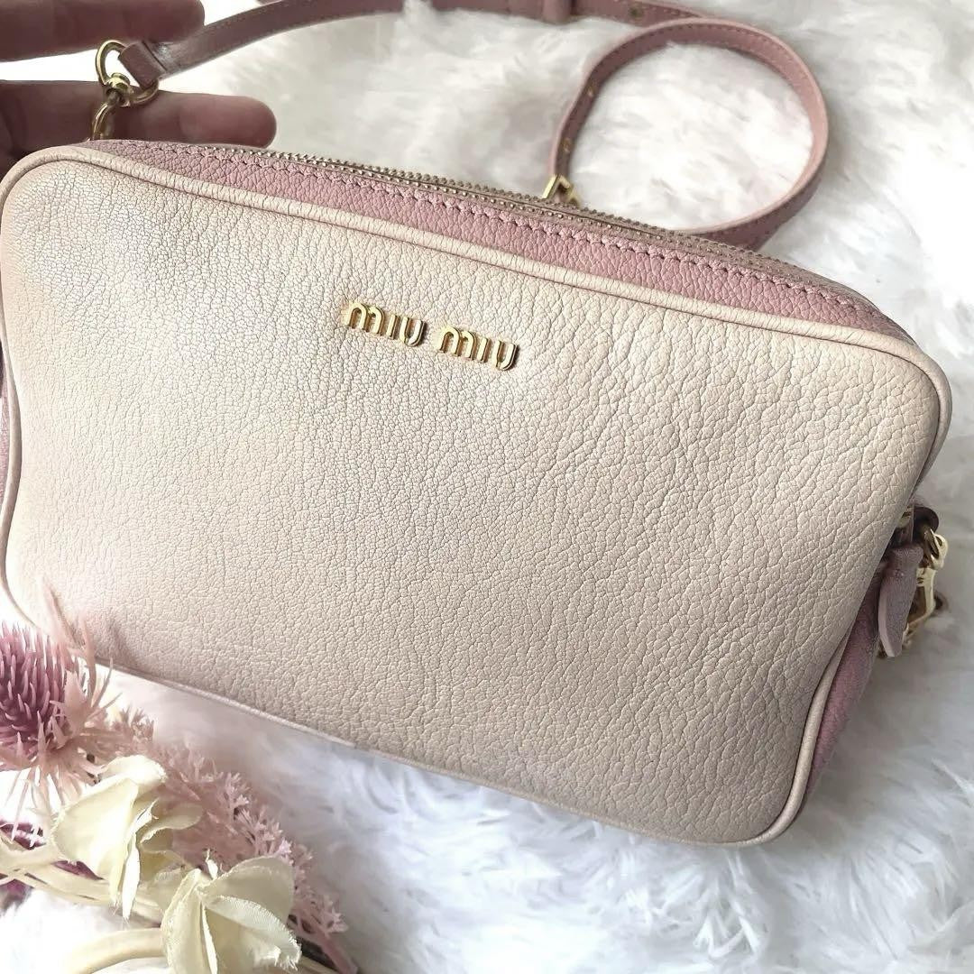 MIU MIU Shoulder Camera Bag Purse Logo Leather Pink Authentic