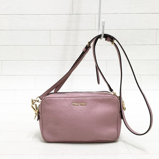 MIU MIU Shoulder Camera Bag Purse Logo MADRAS Leather Rosa Authentic