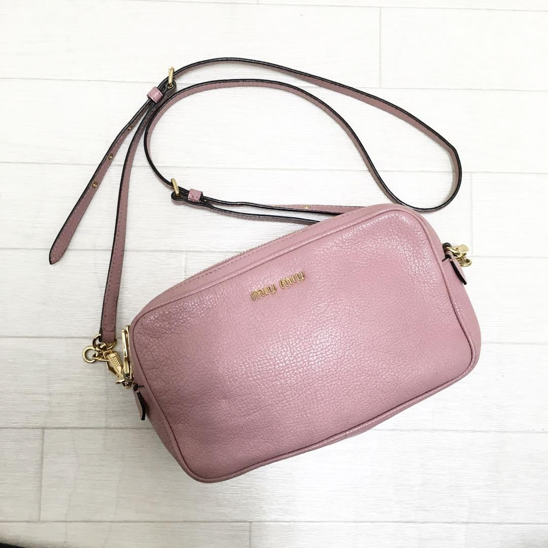 MIU MIU Shoulder Camera Bag Purse Logo MADRAS Leather Rosa Authentic