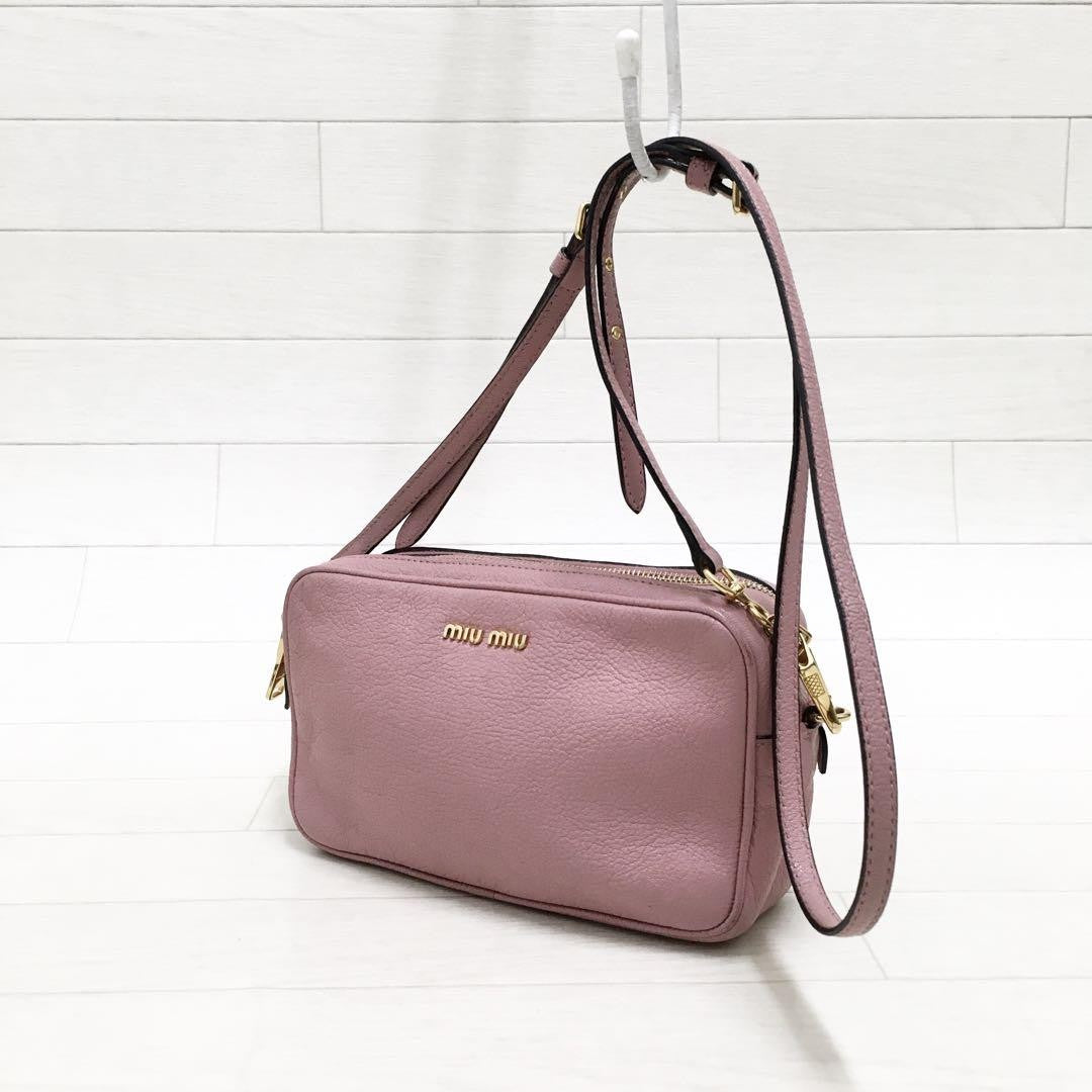 MIU MIU Shoulder Camera Bag Purse Logo MADRAS Leather Rosa Authentic