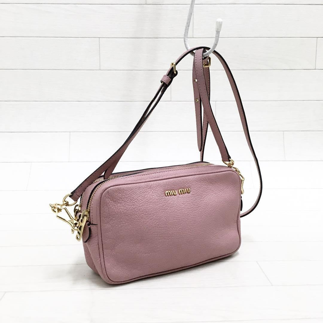 MIU MIU Shoulder Camera Bag Purse Logo MADRAS Leather Rosa Authentic