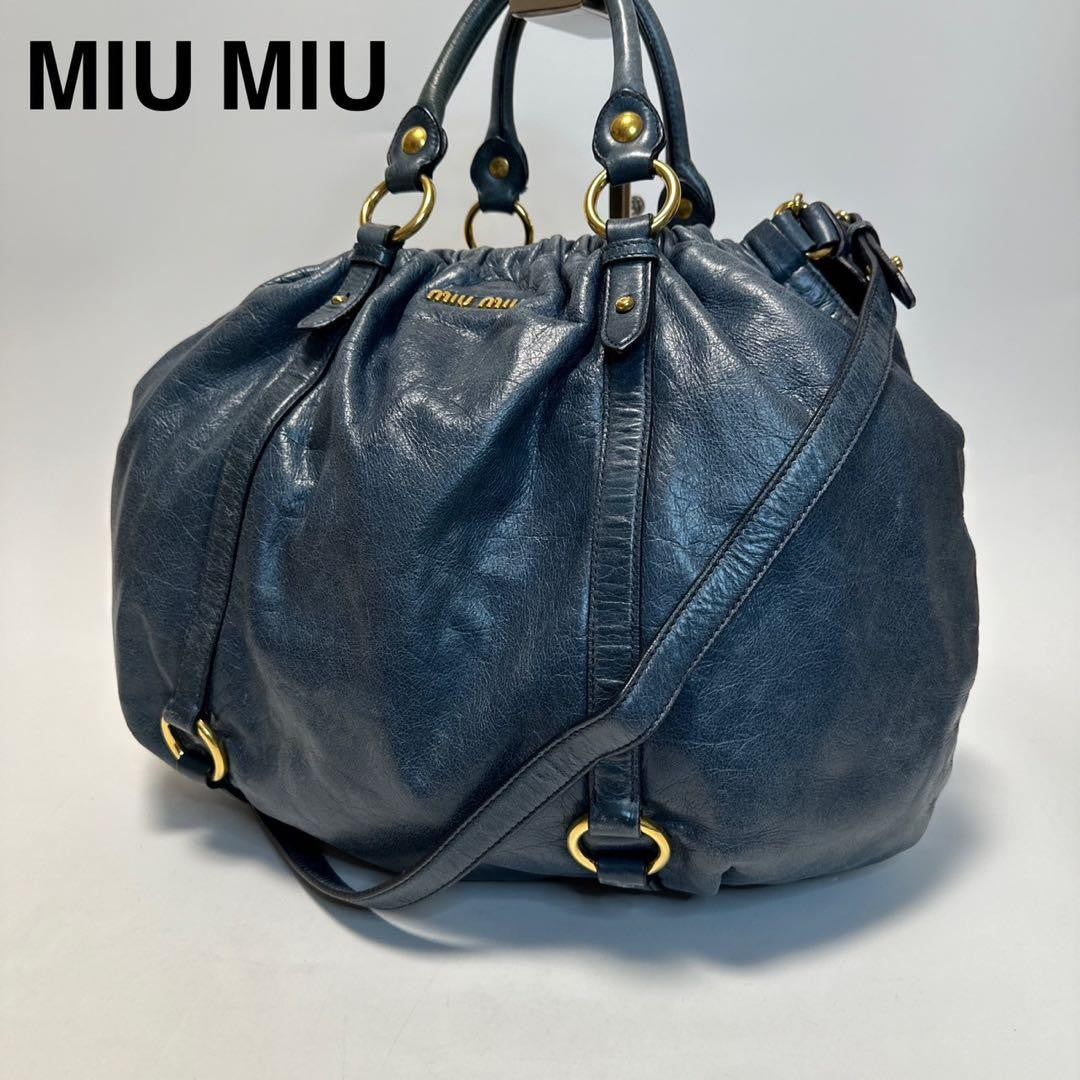 MIU MIU Hand Shoulder Bag Tote Purse 2way Logo Leather Blue Authentic