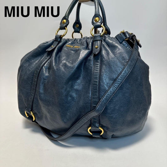 MIU MIU Hand Shoulder Bag Tote Purse 2way Logo Leather Blue Authentic