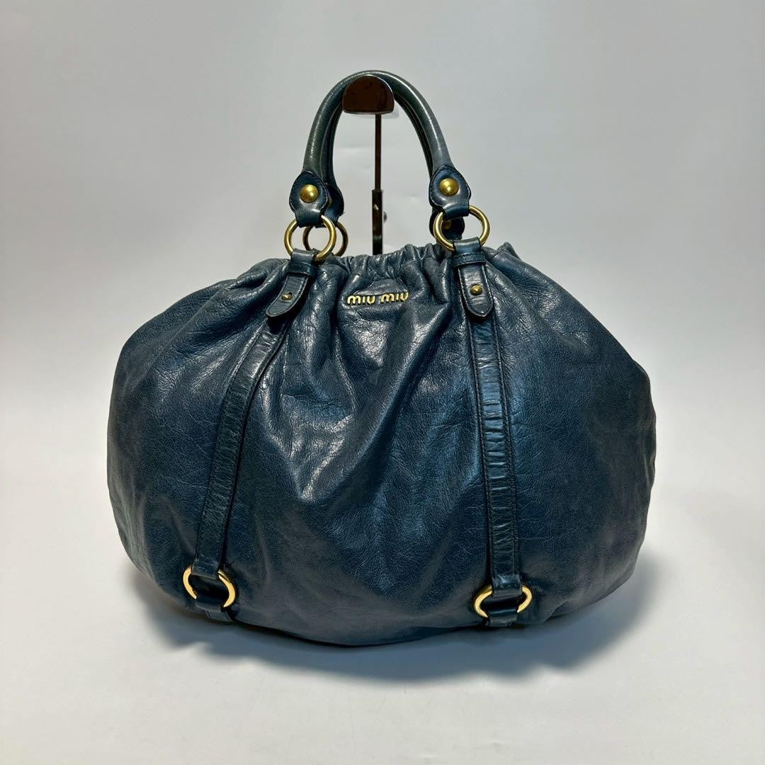 MIU MIU Hand Shoulder Bag Tote Purse 2way Logo Leather Blue Authentic
