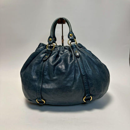 MIU MIU Hand Shoulder Bag Tote Purse 2way Logo Leather Blue Authentic
