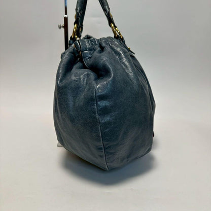 MIU MIU Hand Shoulder Bag Tote Purse 2way Logo Leather Blue Authentic