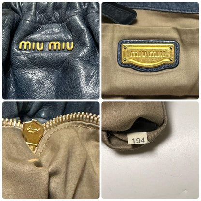 MIU MIU Hand Shoulder Bag Tote Purse 2way Logo Leather Blue Authentic
