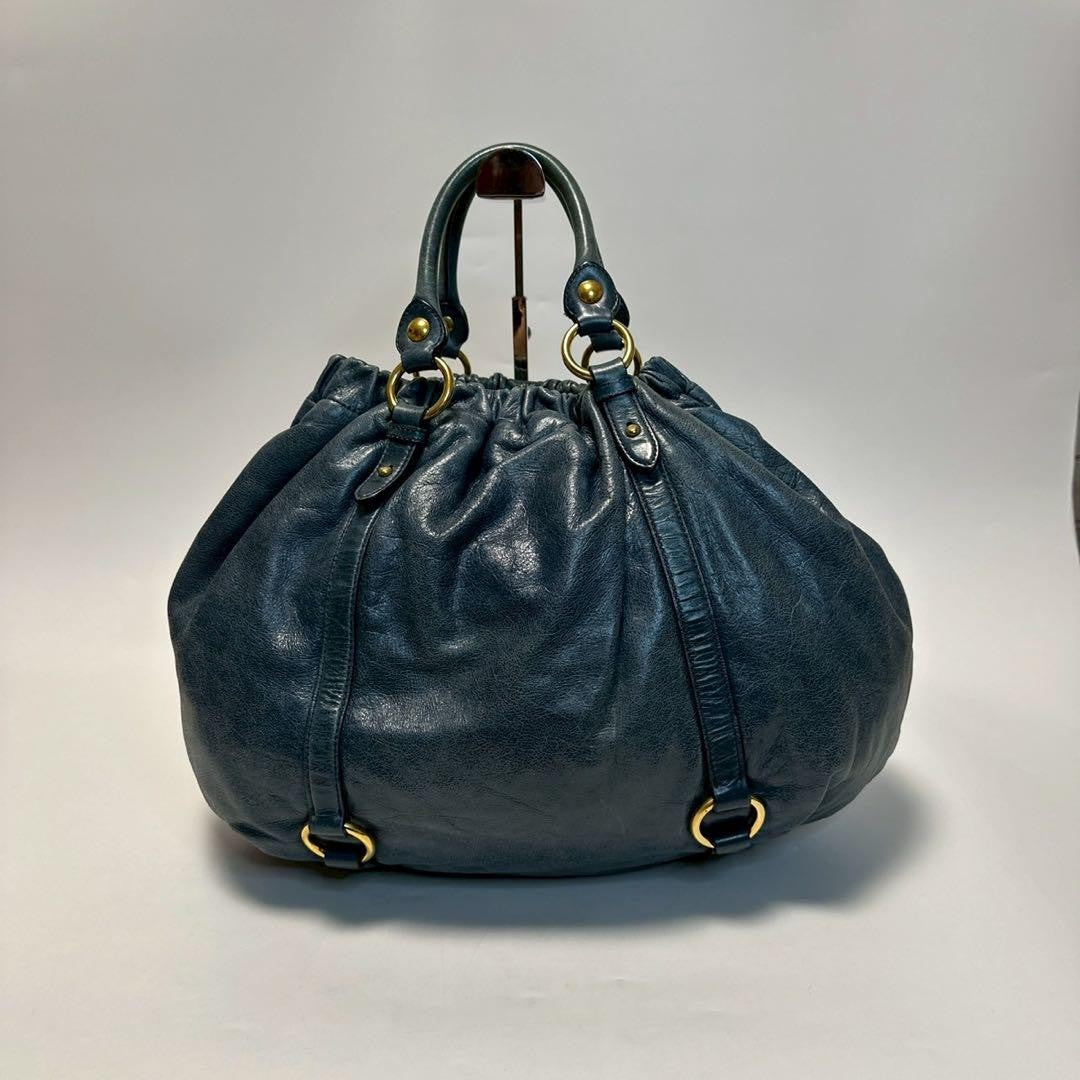 MIU MIU Hand Shoulder Bag Tote Purse 2way Logo Leather Blue Authentic
