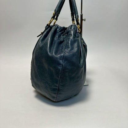 MIU MIU Hand Shoulder Bag Tote Purse 2way Logo Leather Blue Authentic