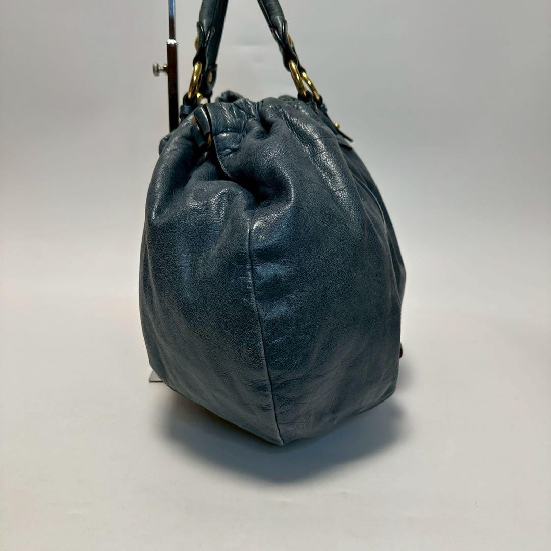 MIU MIU Hand Shoulder Bag Tote Purse 2way Logo Leather Blue Authentic