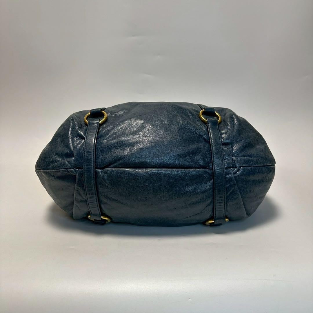 MIU MIU Hand Shoulder Bag Tote Purse 2way Logo Leather Blue Authentic