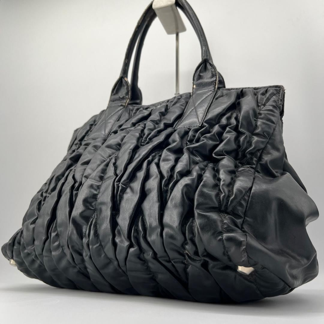 MIU MIU Hand Bag Tote Purse Matelasse Logo Leather Black Authentic