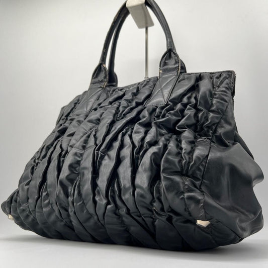 MIU MIU Hand Bag Tote Purse Matelasse Logo Leather Black Authentic