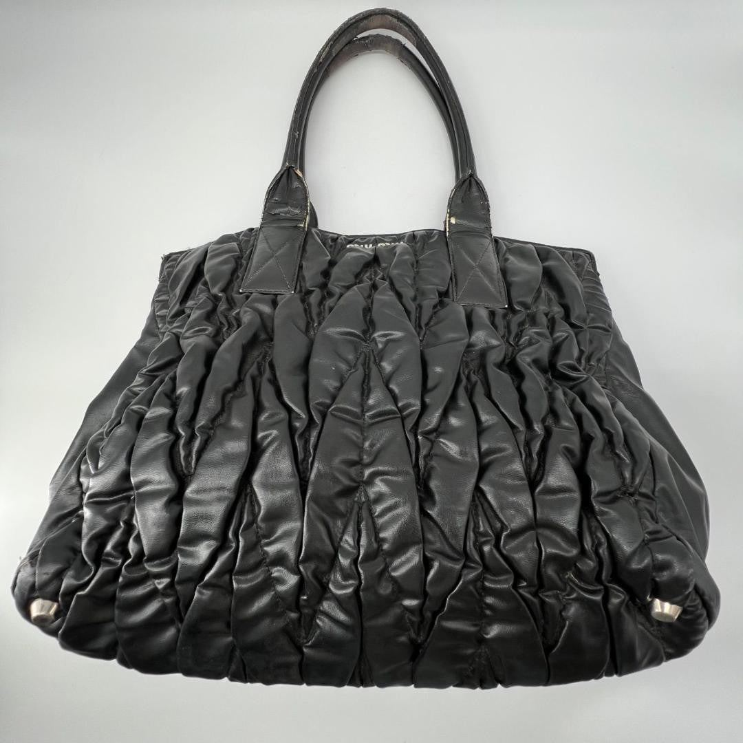 MIU MIU Hand Bag Tote Purse Matelasse Logo Leather Black Authentic