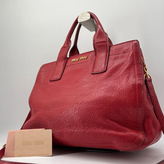 MIU MIU Hand Shoulder Bag Tote Purse 2way Logo Leather Red Authentic