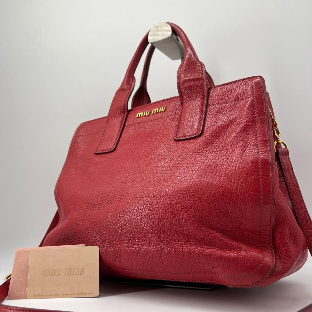MIU MIU Hand Shoulder Bag Tote Purse 2way Logo Leather Red Authentic