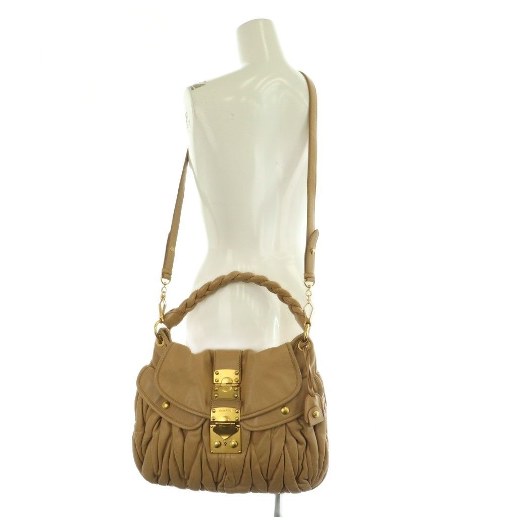 MIU MIU Hand Shoulder Bag Tote Purse 2way Matelasse Leather Beige Authentic