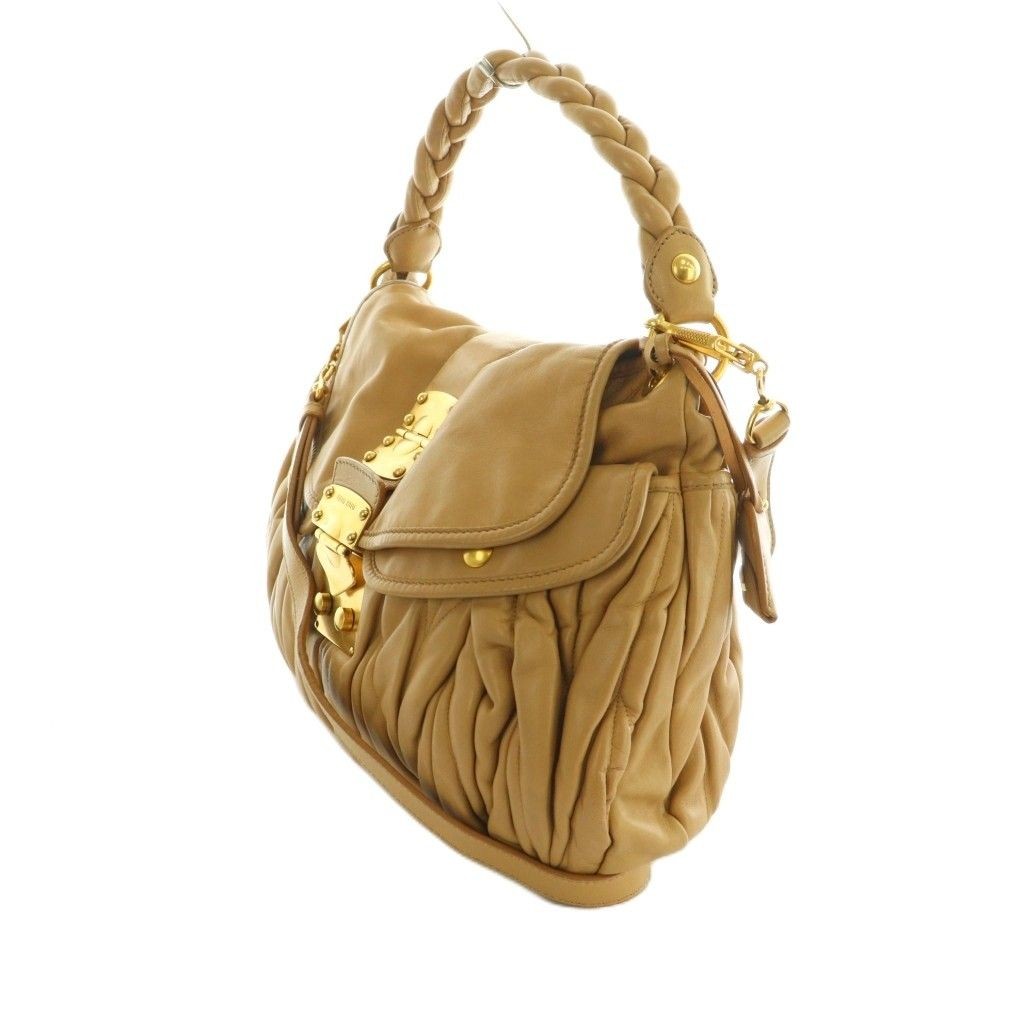 MIU MIU Hand Shoulder Bag Tote Purse 2way Matelasse Leather Beige Authentic