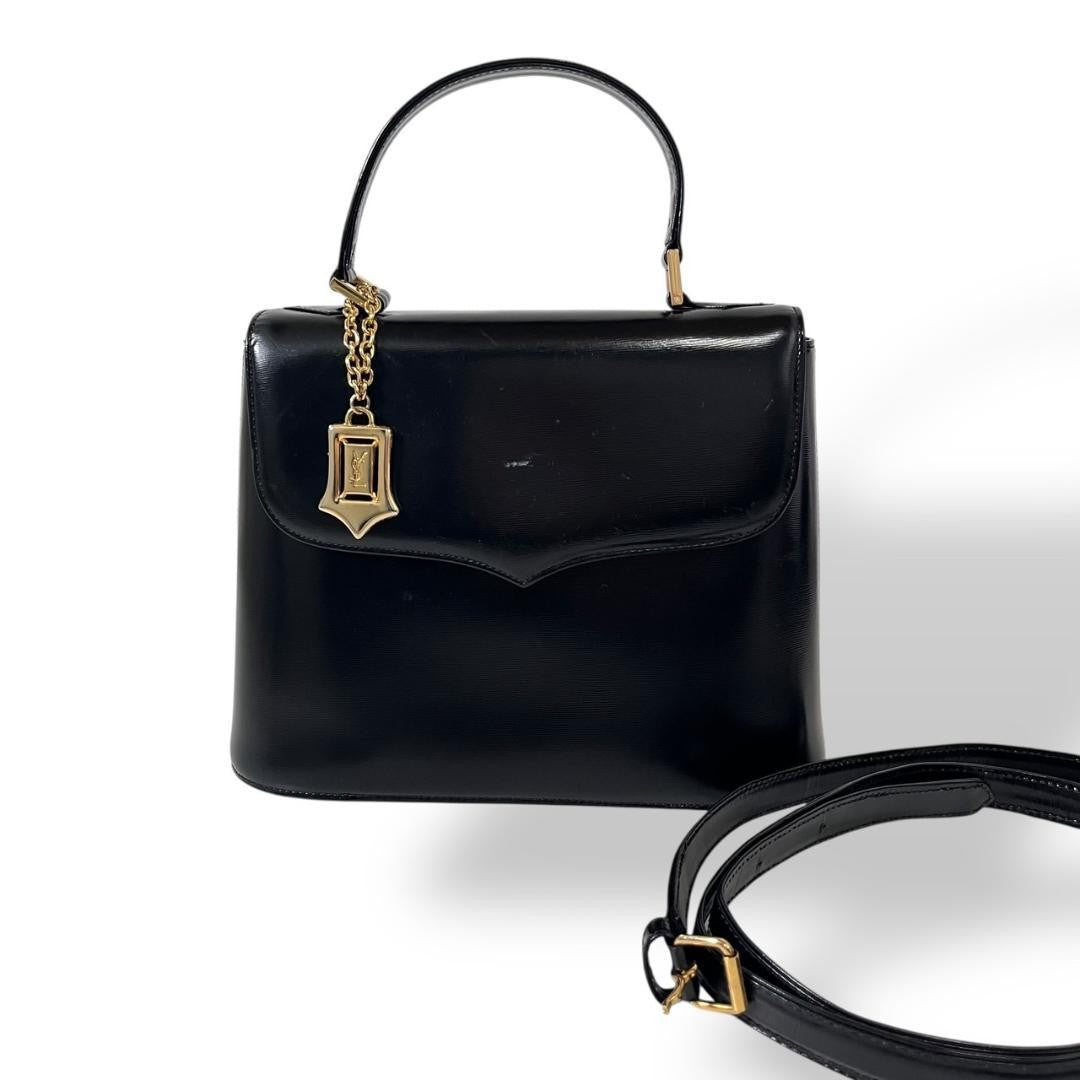 Saint Laurent Hand Shoulder Bag Tote Purse 2way Charm Leather Black Authentic