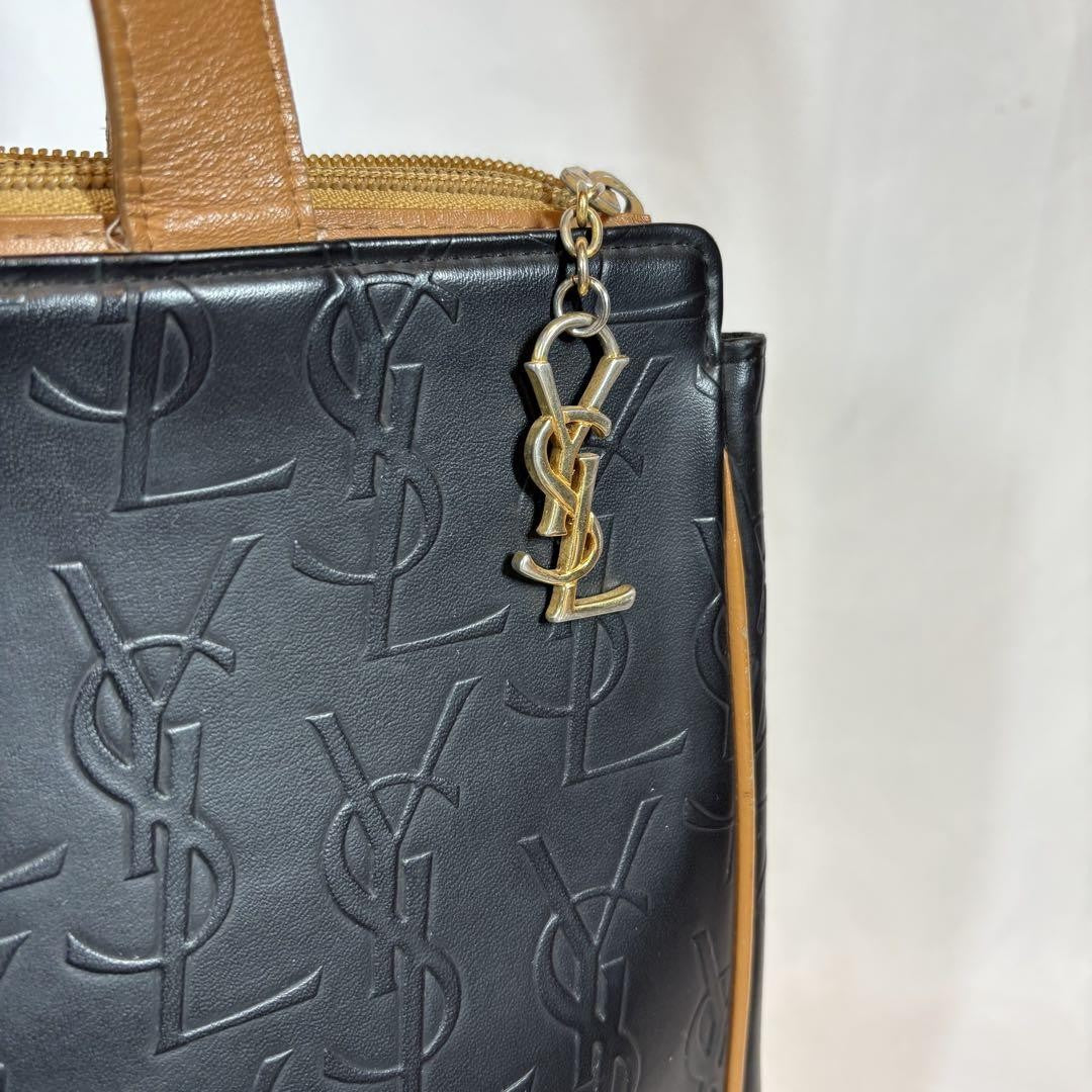 Saint Laurent Hand Bag Tote Purse YSL Cassandra Leather Black Light Brown Auth