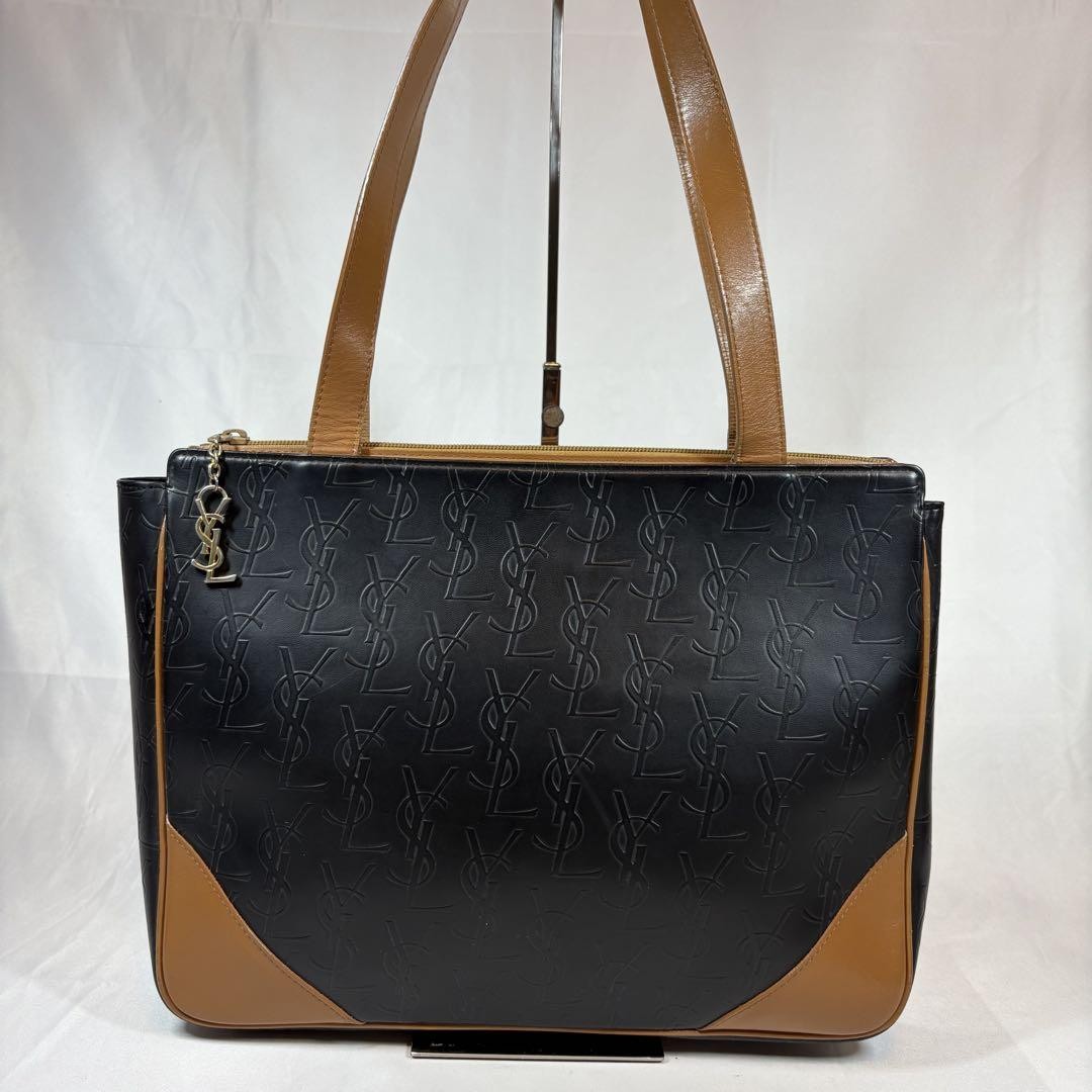 Saint Laurent Hand Bag Tote Purse YSL Cassandra Leather Black Light Brown Auth