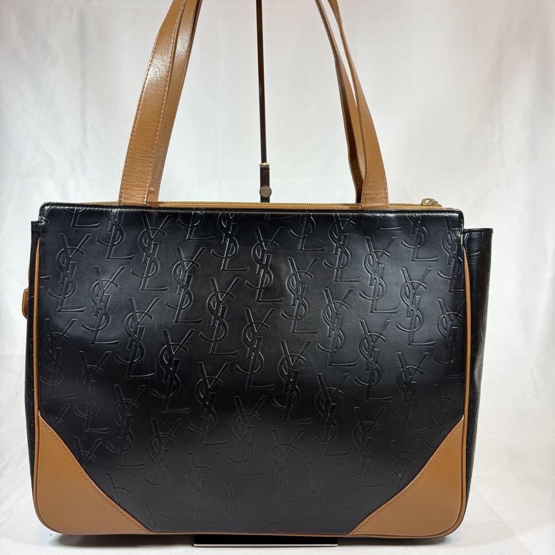 Saint Laurent Hand Bag Tote Purse YSL Cassandra Leather Black Light Brown Auth