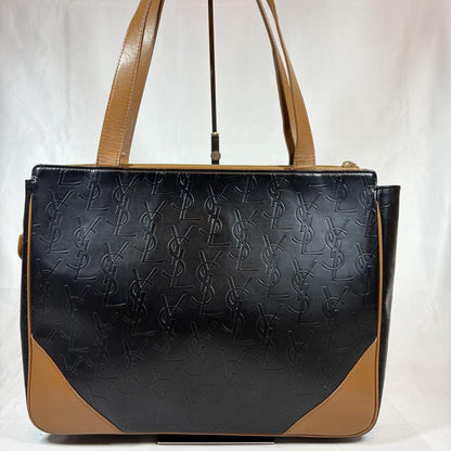 Saint Laurent Hand Bag Tote Purse YSL Cassandra Leather Black Light Brown Auth