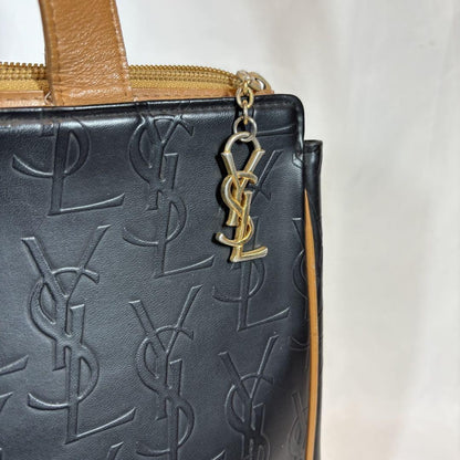 Saint Laurent Hand Bag Tote Purse YSL Cassandra Leather Black Light Brown Auth