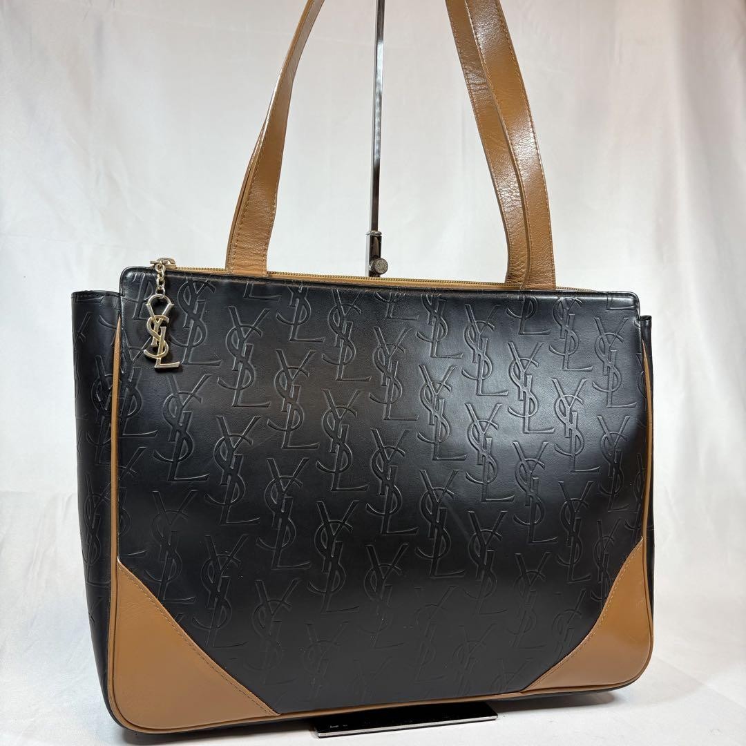 Saint Laurent Hand Bag Tote Purse YSL Cassandra Leather Black Light Brown Auth