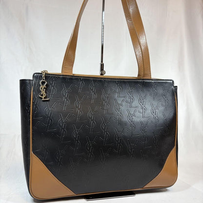 Saint Laurent Hand Bag Tote Purse YSL Cassandra Leather Black Light Brown Auth