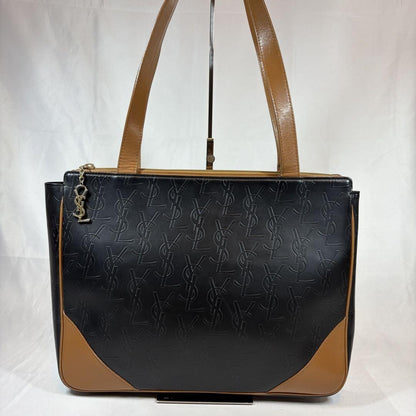 Saint Laurent Hand Bag Tote Purse YSL Cassandra Leather Black Light Brown Auth