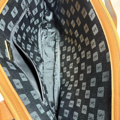 Saint Laurent Hand Bag Tote Purse YSL Cassandra Leather Black Light Brown Auth