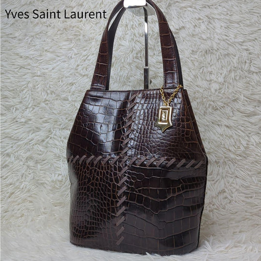 Saint Laurent Hand Bag Tote Purse stitch Leather Bordeaux Brown Authentic