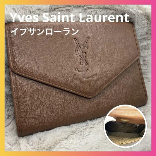 Saint Laurent Clutch Bag Second Bag YSL Cassandra Leather Brown Authentic