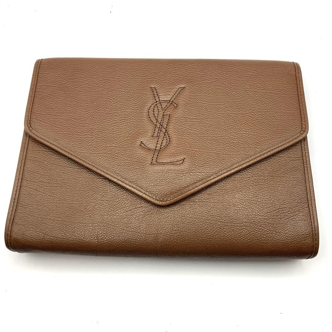Saint Laurent Clutch Bag Second Bag YSL Cassandra Leather Brown Authentic