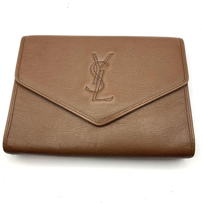 Saint Laurent Clutch Bag Second Bag YSL Cassandra Leather Brown Authentic