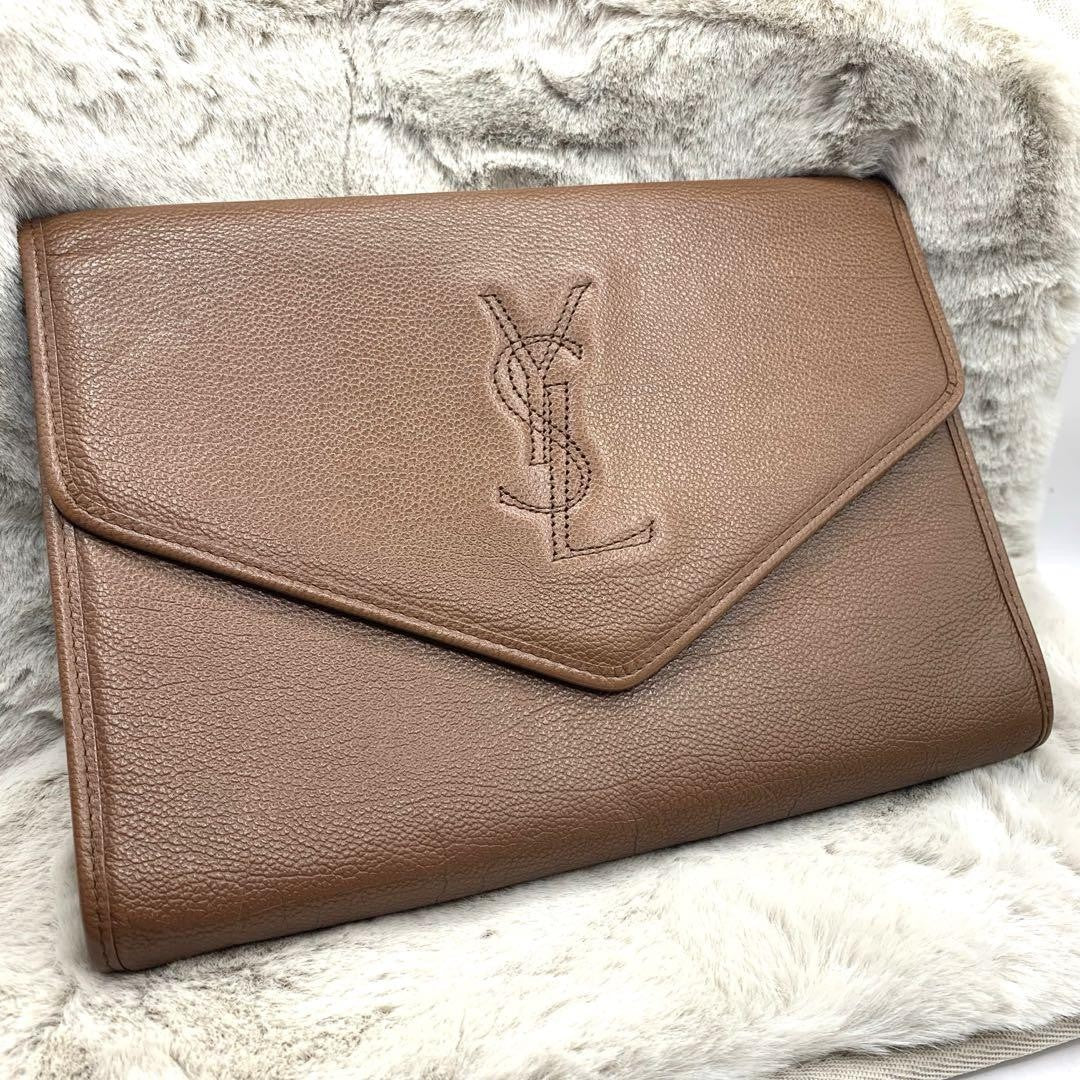 Saint Laurent Clutch Bag Second Bag YSL Cassandra Leather Brown Authentic