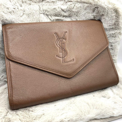 Saint Laurent Clutch Bag Second Bag YSL Cassandra Leather Brown Authentic