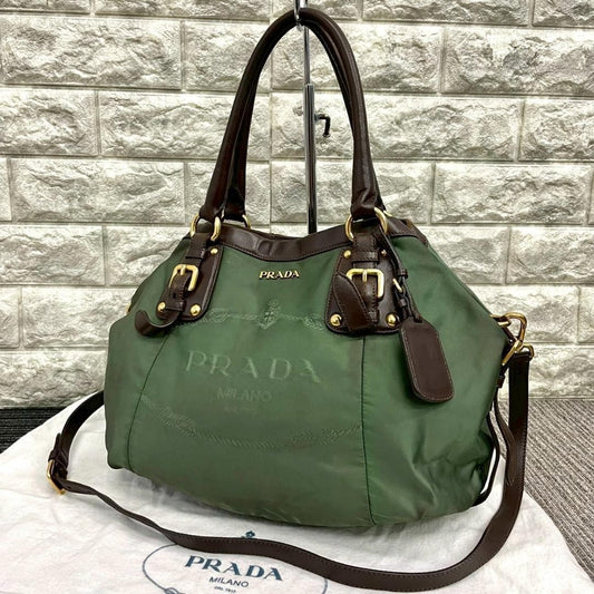 PRADA Hand Shoulder Bag Tote Purse 2way Nylon Green Authentic