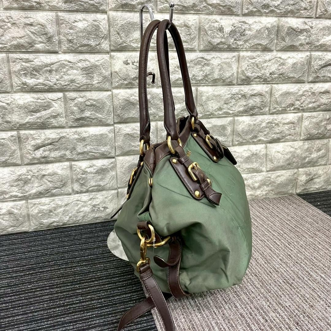 PRADA Hand Shoulder Bag Tote Purse 2way Nylon Green Authentic