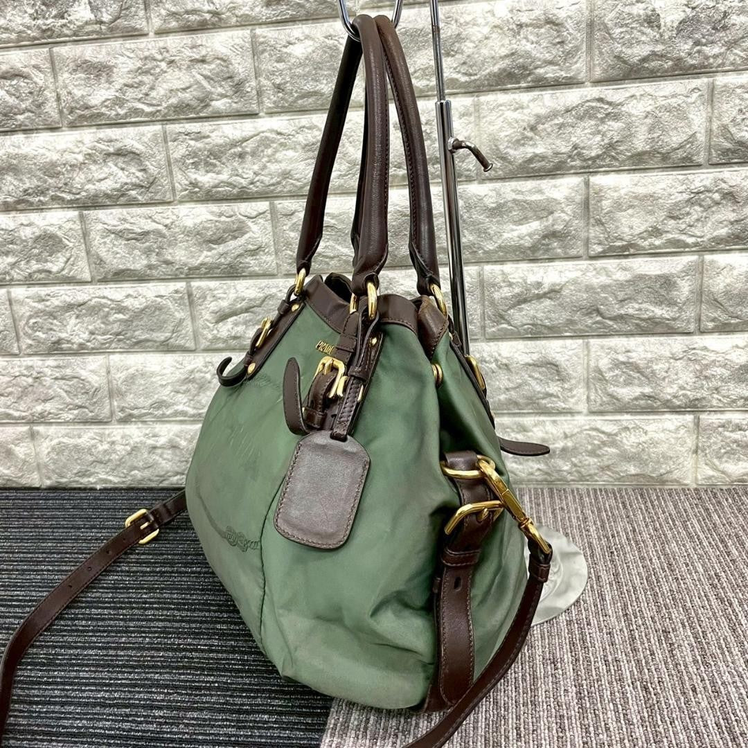 PRADA Hand Shoulder Bag Tote Purse 2way Nylon Green Authentic