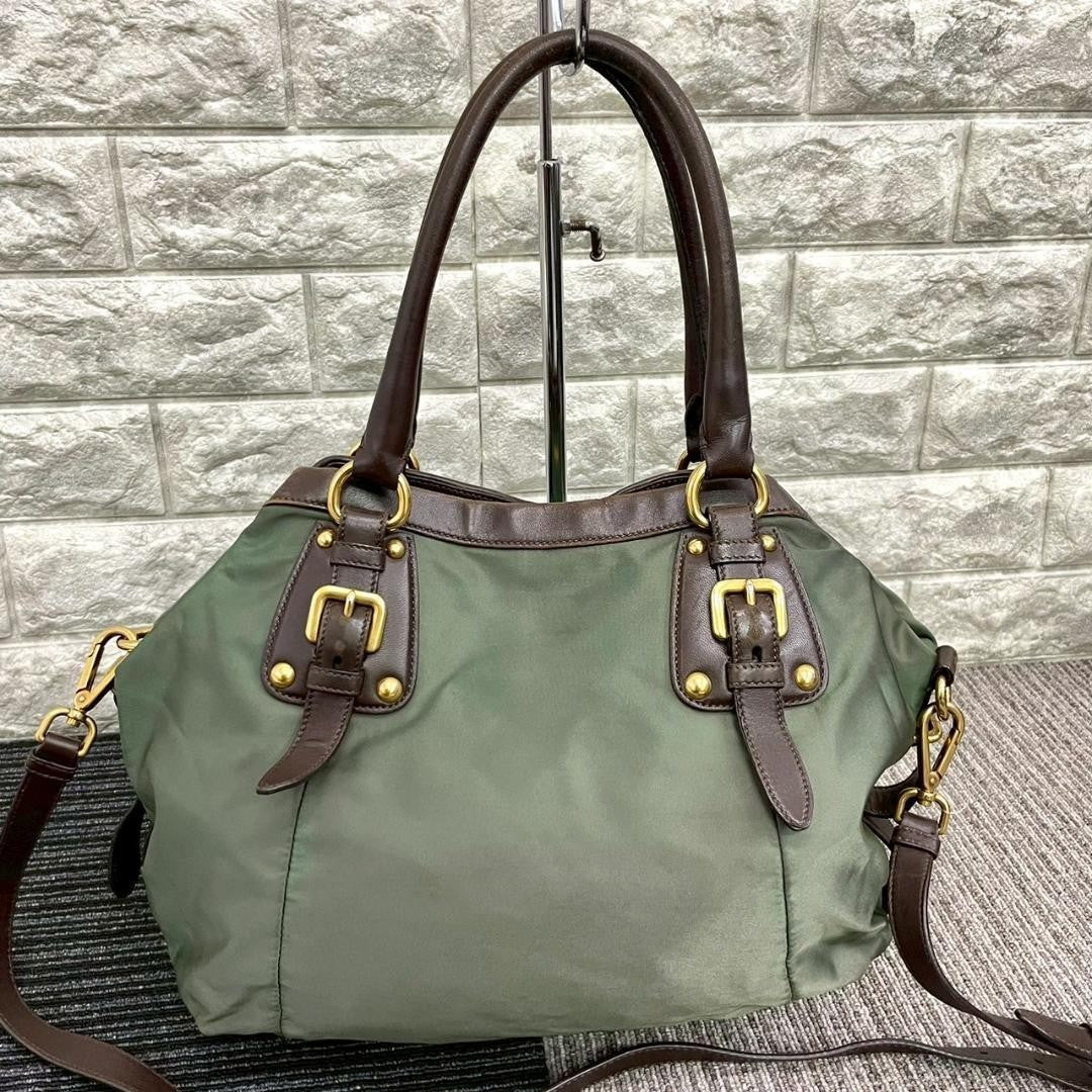 PRADA Hand Shoulder Bag Tote Purse 2way Nylon Green Authentic