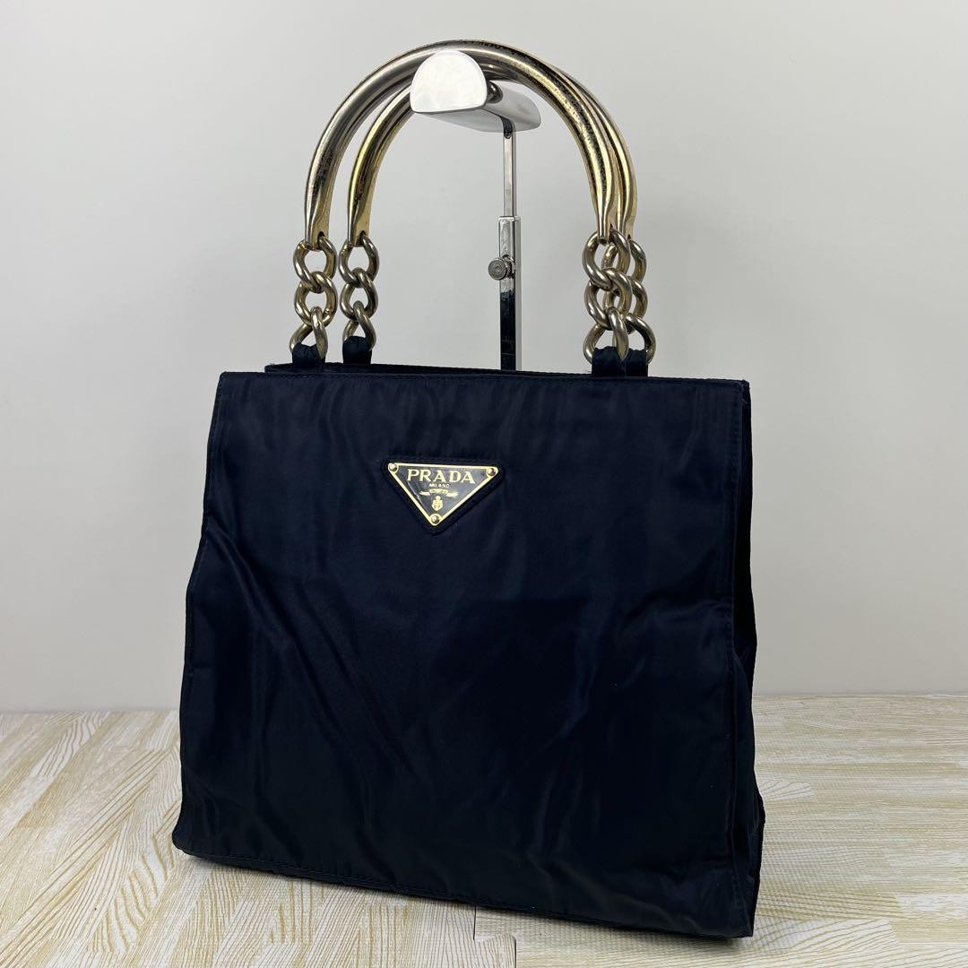PRADA Hand Bag Tote Purse Logo Nylon Navy Authentic