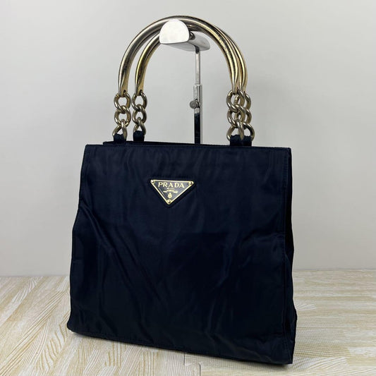PRADA Hand Bag Tote Purse Logo Nylon Navy Authentic